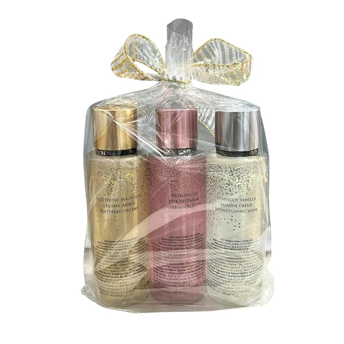 Victoria's Secret FASHION SHOW 2025 Radiant Wings Runway Pose &amp Iconic Glam Shimmer Fragrance Mist Collection 3pc Limited Edition Gift Set with 30-Inch Metallic Gold &amp Silver Striped Ribbon B