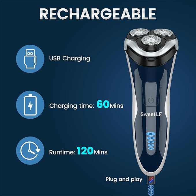 Electric Razor for Men Electric Shaver for Men Waterproof/Rechargeable/LED Display Men?™s Shavers Wet &amp Dry Rotary Shavers Gift for Dad Husband Boyfriend (Navy Blue)