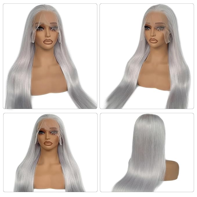 Grey Lace Front Wigs Human Hair 180% Density 13x4 HD Transparent Lace Frontal Wig Real Human Hair Pre Plucked Bleached Knots Gray Silver Color Brazilian Virgin Glueless Wigs for Black Women 20 Inch