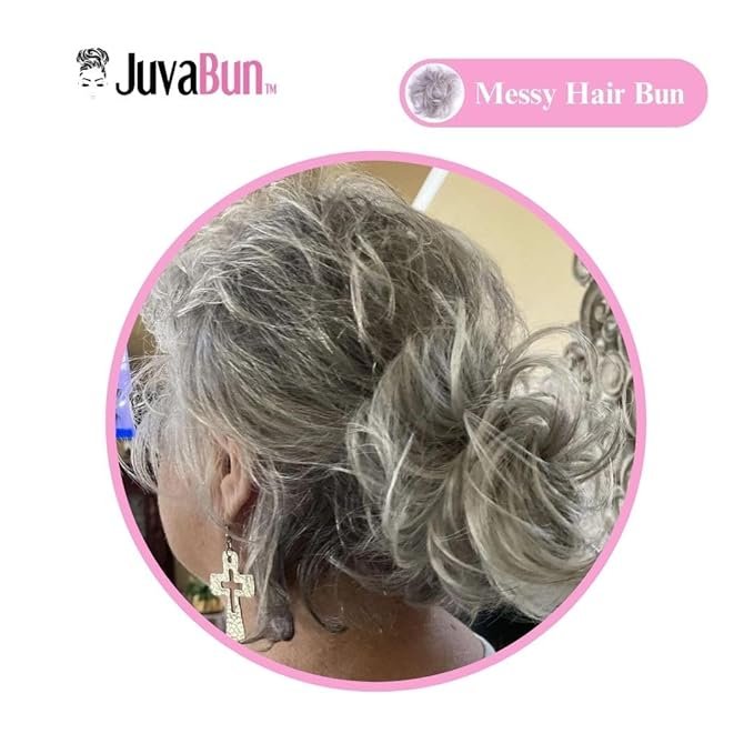 JUVABUN Small Messy Bun Hair Piece - Light Gray | Curly Real Human Hair for Everyday Wear | Washable &amp Realistic Synthetic Pieces for Women's Updos | Scrunchie