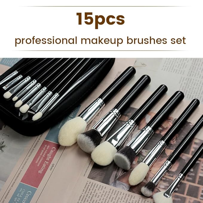 Professional Natural Travel Goat Hair Makeup Brushes with case 15Pcs Kabuki Face Powder &amp Eye Makeup Brush set With Ultra Soft Premium Dense Hair Valentines Day Gifts