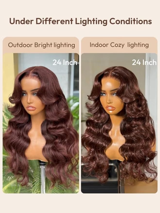 UNICE 13x4 HD Lace Front Wig Human Hair Drawstring Wigs Auburn Brown Loose Wave Face Framing Layers Curtain Bangs Glueless Wig Pre Plucked Pre Cut Bleached Knots 150% Density 20 Inch