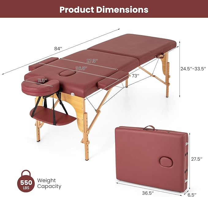 Giantex Massage Table Portable Massage Bed w/Carrying Case 2-Section Salon Spa Facial Care Tattoo Bed Height Adjustable Wood Frame Professional Massage Lash Bed for Eyelash Extension (Red)