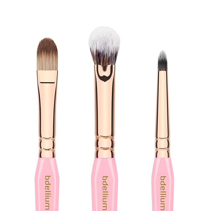 Bdellium Tools Pink Golden Triangle Face &amp Eyes Makeup Brush Set - Well-balanced Brush Set with Soft Synthetic Bristles and Rose Gold Brass Ferrule for a Variety of Looks (Pink 5 pcs)
