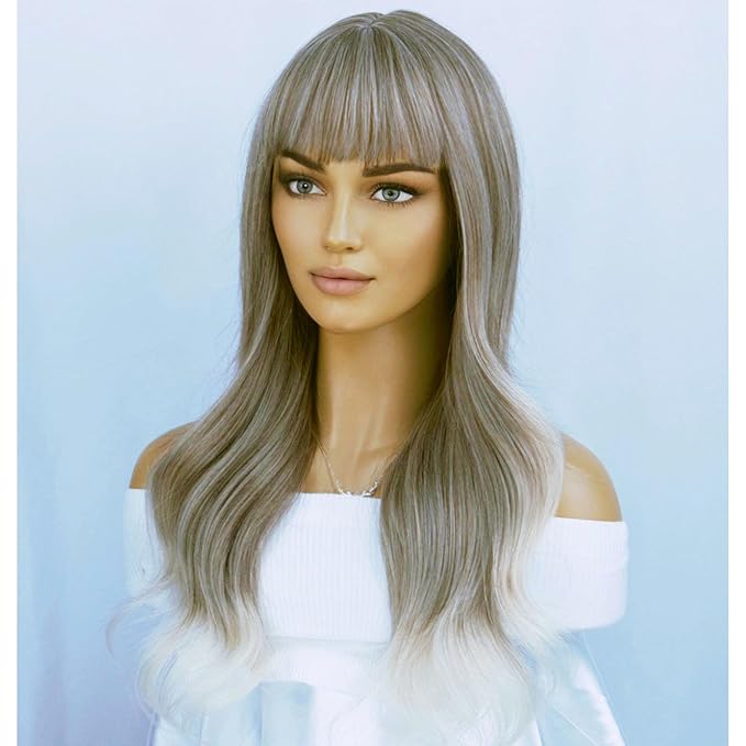 BERON Blonde Brown Long Wigs Women Wavy Wig with Bangs 26 Inches Curly Synthetic Wigs for Cosplay Party Wigs Wig Cap Included
