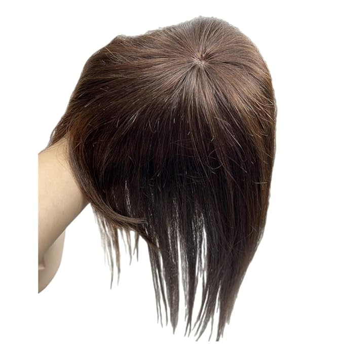 Anemone Thick Full Human Hair Topper For Women 14x14 cm Clip In Hairpieces With Air Bangs Straight Wiglets Toupee Cover Grey Thinning Hair (Dark Brown 14 inch)