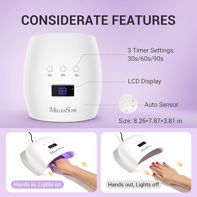 MelodySusie Professional UV LED Nail Lamp P-Plus30I High Efficient Nail Dryer with 3 Timers &amp Detachable Base Cures All Hard Gels Especially Rhinestone Glue Solid &amp Liner Gel Polishes