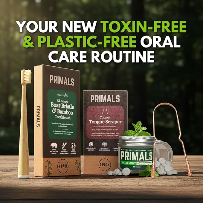 PRIMALS Boar Bristle &amp Bamboo Toothbrush (4-Pack) - Premium Boar Bristles - Fully Biodegradable - Plastic &amp Nylon Free - Quick Dry Design