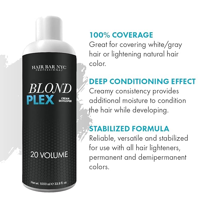 HAIR BAR NYC 20 Volume - Blond Plex Anti-Yellow Porfessional Lightening System for Charcoal Hair Bleach - Violet Developer with Plex Reduce Brassy Eliminates Orange Tones 33.8oz/1lt