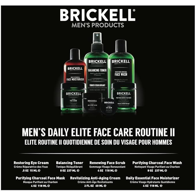 Brickell Men's Daily Elite Face Care Routine II Toner Charcoal Facial Wash Face Scrub Anti-Aging Night Cream Eye Cream Charcoal Mask and Moisturizer Natural and Organic Scented