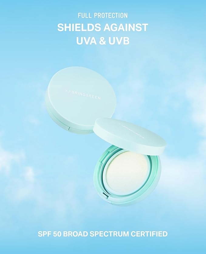 BRING GREEN Tea Tree CICA Facial Sun Cushion SPF 50+ PA++++ | Korean Mineral Sunscreen for Face | Non-Nano Reef-Safe Redness Correcting with Zinc Oxide | Travel Size Sun Protection