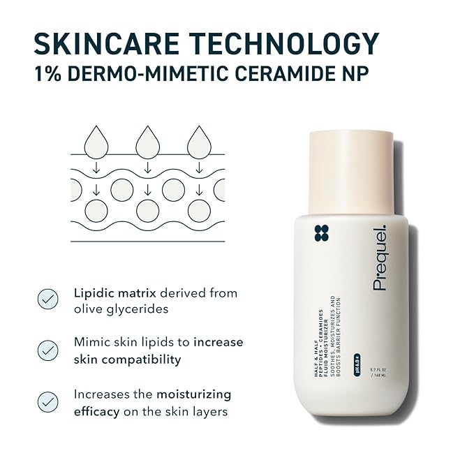 Prequel Skin Half and Half Fluid Moisturizer Face Cream. Lightweight Ceramide Peptide Lotion for All Skin Types including Dry and Sensitive. Hydrating Facial Cream for Women and Men