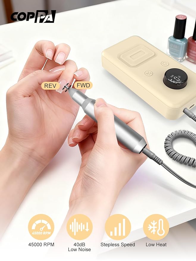 COPPA Portable Nail Drill NDK106 Electric Nail Drill Professional Kit with 12 Bits 31 Sanding Bands 45000RPM Rechargeable Nail Drills Machine for Acrylic Nails Gel Polishing Removing Home &amp Sal