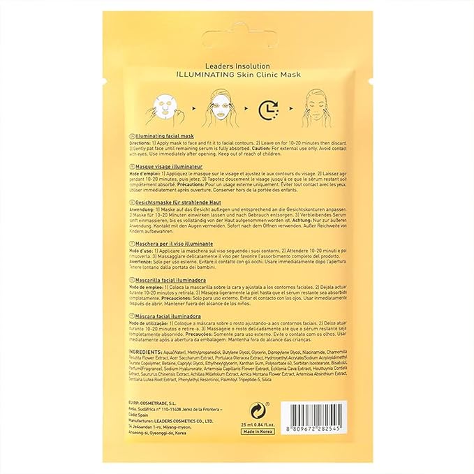 Leaders Insolution Illuminating Skin Clinic Mask | Omega-3 &amp Purslane Extract for Radiant Glow | Niacinamide Brightening Treatment | Even Skin Tone | 100% Natural Cotton (10 Sheets)