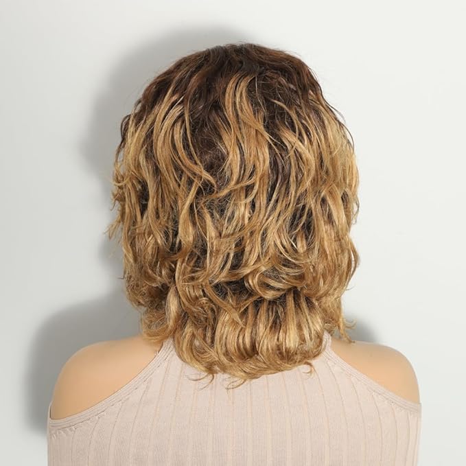 Karlami Highlight Ombre Short Glueless Wigs Human Hair T Brown/27 Short Wavy Wig 12 Inch Lace Front Wigs Human Hair pre plucked 4x4 HD Closure Wigs 180% Density (T Brown/27 Ombre Color 12 inches)