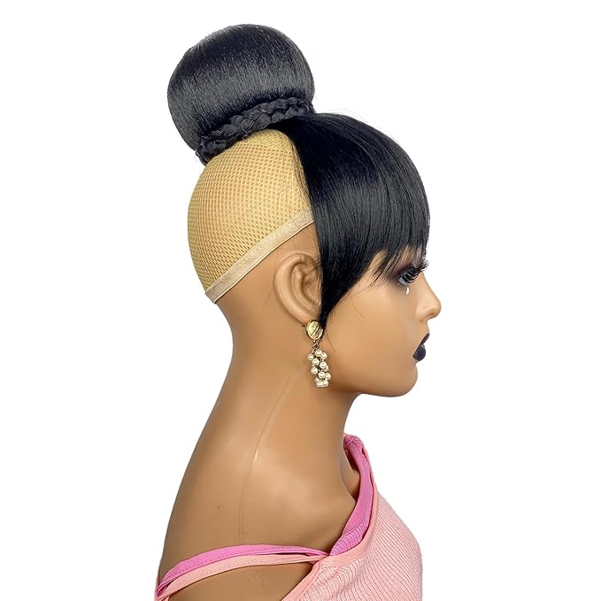 Hair Bun and Bang Set 2PCS Small Size Black Synthetic Braided Bun N Bang Clip in China Bang Hair Piece Hair Bun with Bangs for Black Women(J072S-1B#)