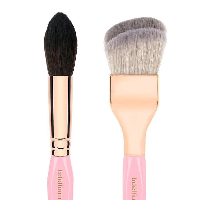 Bdellium Tools Pink Golden Triangle Face Makeup Brush Set - with Soft Synthetic Bristles and Rose Gold Brass Ferrule for a Flawless Appearance (Pink 4 pcs)