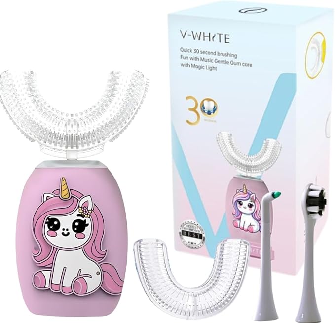 V-WHITE Electric Toothbrush Kids- Ultrasonic U-Shaped Toothbrushes for Teeth Whitening - 360° Mouth Cleansing Hands Free Gums Protection - Wireless Charging &amp LED Light - Waterproof IPX7 Certifie