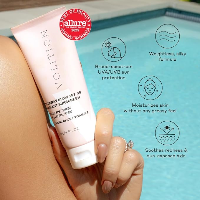 Volition Beauty Getaway Glow SPF 30 Radiant Sunscreen with Zinc Oxide + Vitamin E | Reef-Safe Mineral Sunblock with No White Cast | Silky Smooth with Glossy Finish