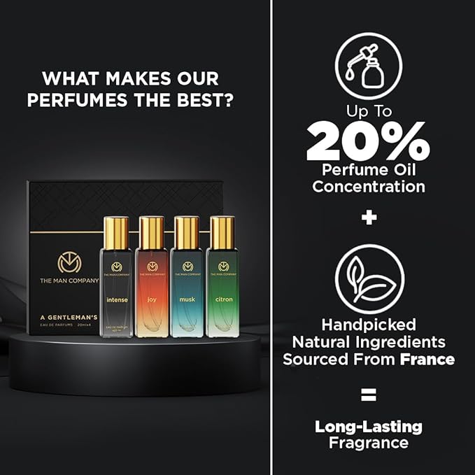 The Man Company Specially Curated Perfume Gift Set 4X20Ml - A Gentlemen's Desire | Premium Long-Lasting Fragrance| Citron For Travel| Intense For Office| Musk For Sports| Joy For Outing80 Ml