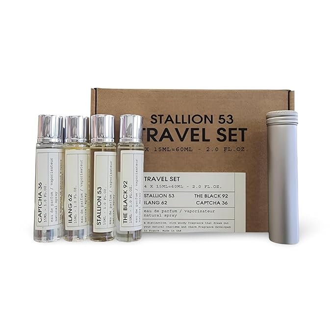 Stallion 53 Travel Perfume for Women &amp Men - 4 Different Fragrances Stallion 53 Ilang 62 The Black 92 and Captcha 36 with Travel Atomizer 60 ml Total (4 x 15 ml)
