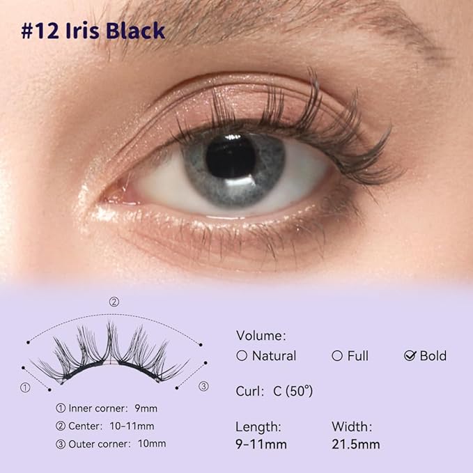 Soft Magnetic Eyelashes Kit with Applicator No.12 Iris Black BearisBug Reusable Glue-free Wispy Magnetic Lashes Cruelty-free False Lashes Waterproof Lightweight Suit for Heavy Makeup