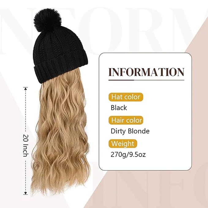 Women Winter Beanie Hat with Wig Big Wavy Curly Hair Extensions Knit ski Snow Cap Attached Party Daily Weddings Wig