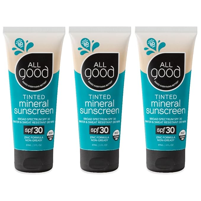 All Good Tinted Mineral Sport Sunscreen Lotion for Face &amp Body - UVA/UVB Broad Spectrum SPF 30 Coral Reef Friendly Water Resistant Coconut Oil Jojoba Oil Shea Butter Aloe (3 oz)(3-Pack)