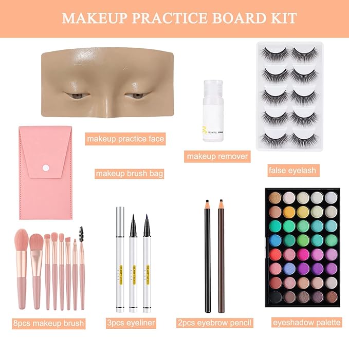Makeup Practice Face Board Resusable 3D Makeup Mannequin Face Eyes Makeup Practice Face with Makeup Kit for Makeup Student and Beginner to Practice Eyeshadow Eyeliner Eyebrow Makeup &amp Lash Exten