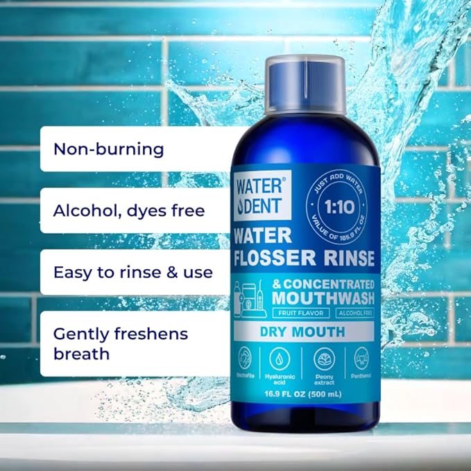 Concentrated Irrigant and mouthwash Dry Mouth | Add to Water Flossers | Fruit Flavor | When dilluted 16.9 fl.oz = 186 fl.oz | Alcohol Free Fluoride Free. Made in USA (Non-Medical) WATER DENT