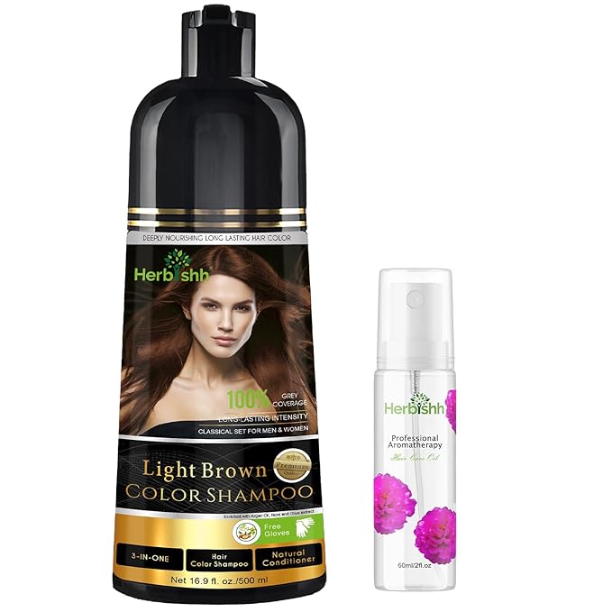 Herbishh Light Brown Hair Color Shampoo - 3-In-1 Magic Dye for Gray Hair 500 Ml + Essential Flower Hair Oil - Organic Formula for Dry Damaged Hair 60 ML