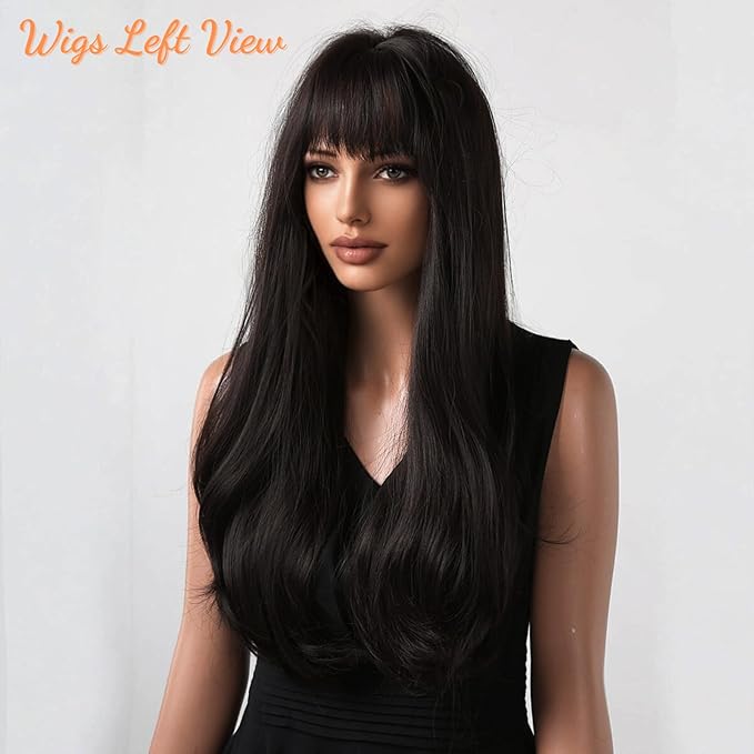 Honygebia Black Wig with Bangs - Natural Black Wigs for Women Long Straight Wavy Synthetic Hair Layered Realistic Heat Resistant Wig Best for Halloween/Christmas/Cosplay/Party