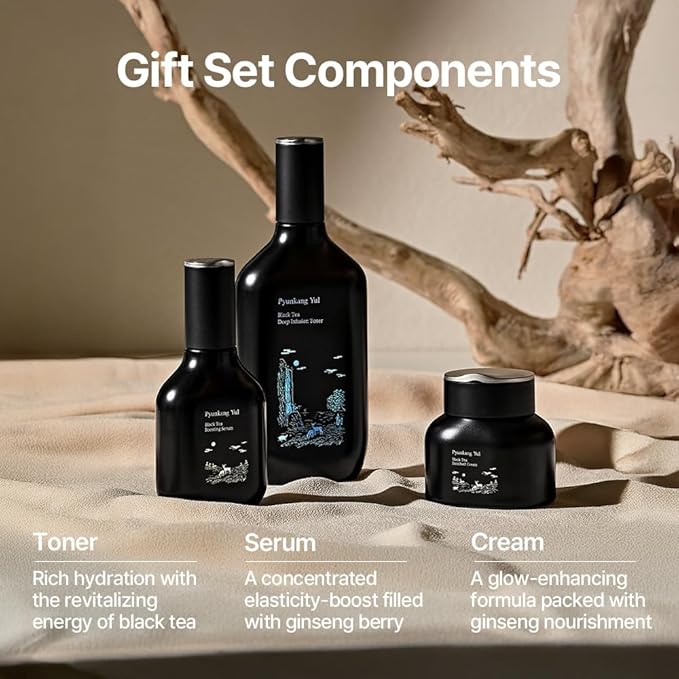 [PKY] Pyunkang Yul Black Tea Line Gift Box Set Deep Nurishment for Anti-aging Rich Moisture Toner Revitalizing Serum &amp Condensed Nourishing Cream Zero-Irritation Korean Skincare (3-item set)