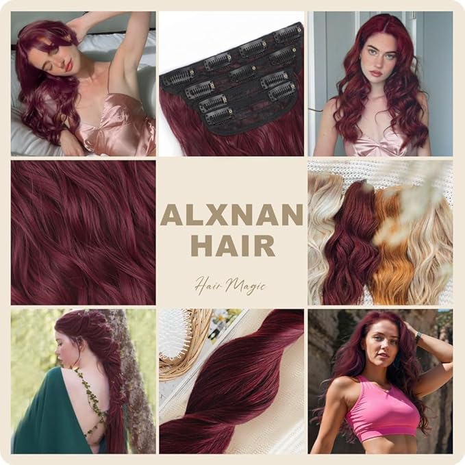 ALXNAN Clip in Long Wavy Synthetic Hair Extension 20 Inch Burgundy 4PCS Thick Hairpieces Fiber Double Weft Hair for Women