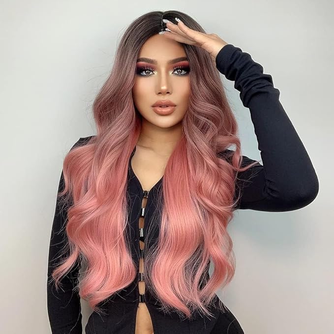 Black to Pink Wavy Wigs Human Hair Mixed Synthetic Long Curly Breathable Lightweight Middle Part No Lace for Daily Cosplay Party