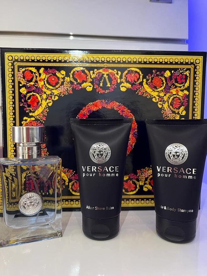 Versace Pour Homme for Men - 3 Pc Gift Set: 1.7oz EDT Spray Hair and Body Shampoo After Shave Balm