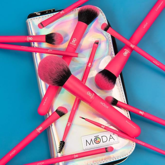 MODA Totally Electric Neon Full Face Makeup Brush Kit ? 13pc Vibrant Brush Set for Face &amp Eyes with Zip Case (Neon Pink)