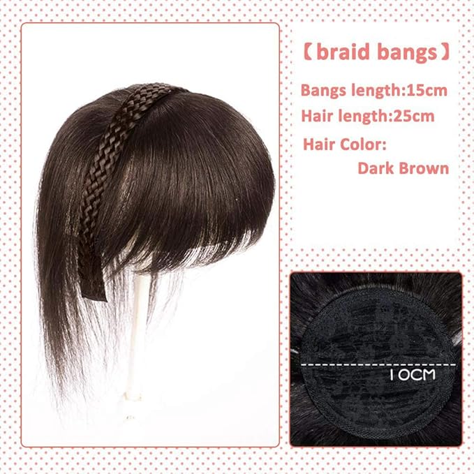 10 Women Human Hair Braided Headband Hair Piece Clip in Hairband Braids Human Hair Extensions Twist Braid Human Hair Topper with Bangs Dark Brown