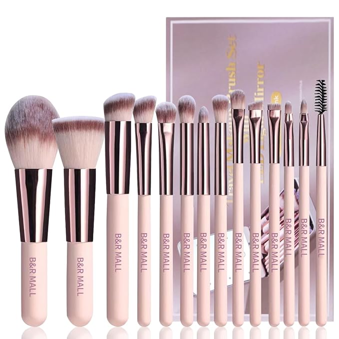 B&ampR MALL Makeup Brush Set with LED Mirror ? Supper soft Brushes for Flawless Foundation Concealer Eyeshadow &amp More | Lightweight Versatile Perfect for On-the-Go Touch-Ups (Champagne Gold)