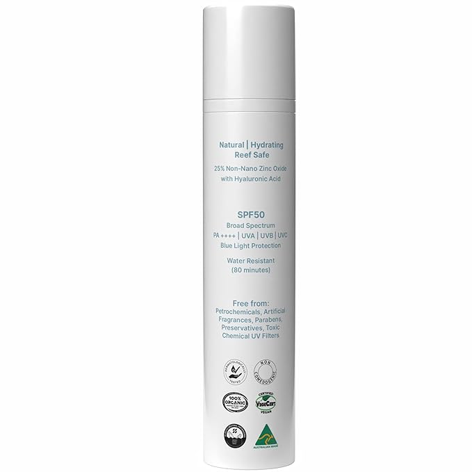 Mineral Face Sunscreen SPF 50 Tinted Aussie Zinc Oxide Sunblock with Hydrating Hyaluronic Acid Reef Safe Natural Vegan Australian Made 80min Water Resistant Unscented 100g 3.4oz