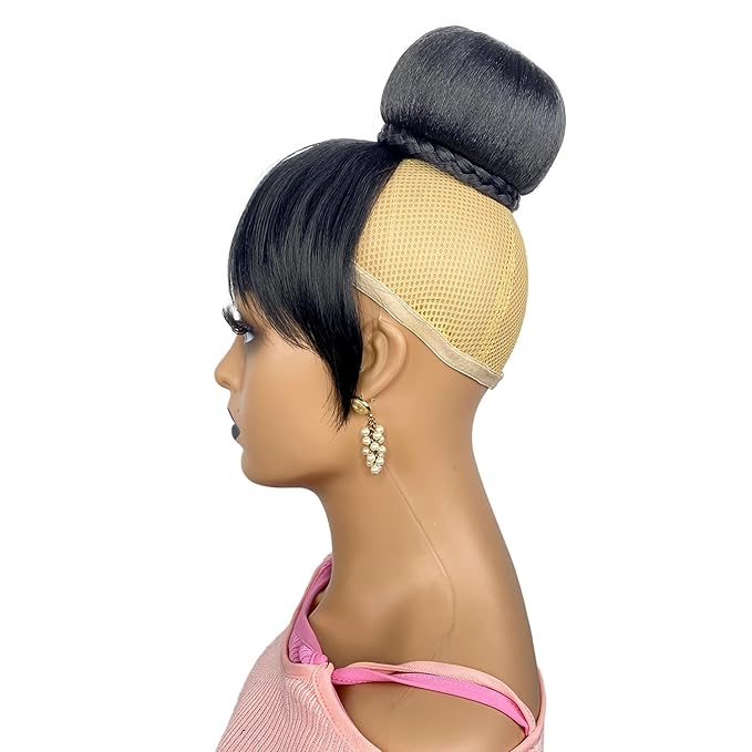 Hair Bun and Bang Set 2PCS Small Size Black Synthetic Braided Bun N Bang Clip in China Bang Hair Piece Hair Bun with Bangs for Black Women(J072S-1B#)