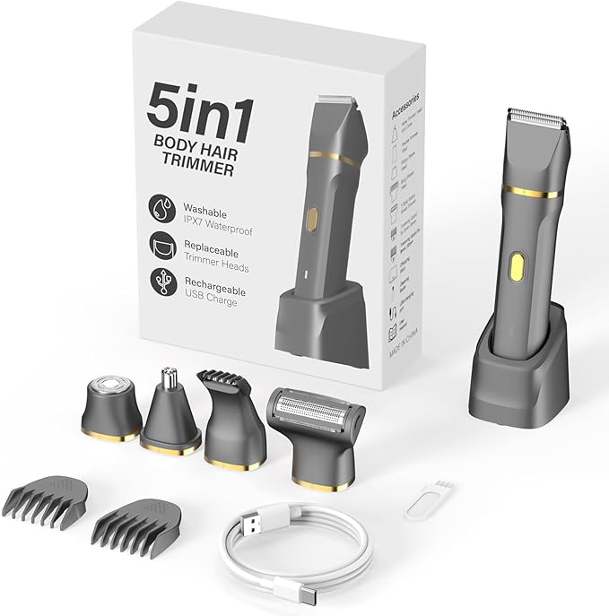 KINGTEE 5-in-1 Electric Bikini Trimmer for Women ? IPX7 Waterproof Shaver Cordless Body &amp Facial Razors for Women Ceramic Blades USB-C Rechargeable Painless Hair Removal Kit (Light Black)