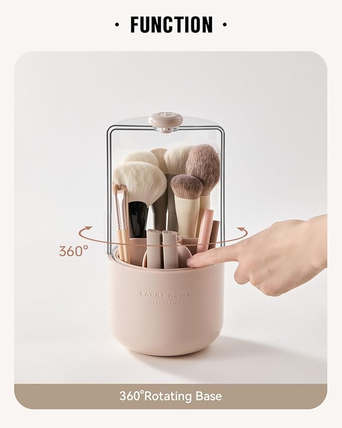 EACHY Makeup Brush Holder 360° Rotating with Dustproof Lid Waterproof Material 7 Compartments for Organized Storage Stylish and Durable Design for Vanity (Pink)