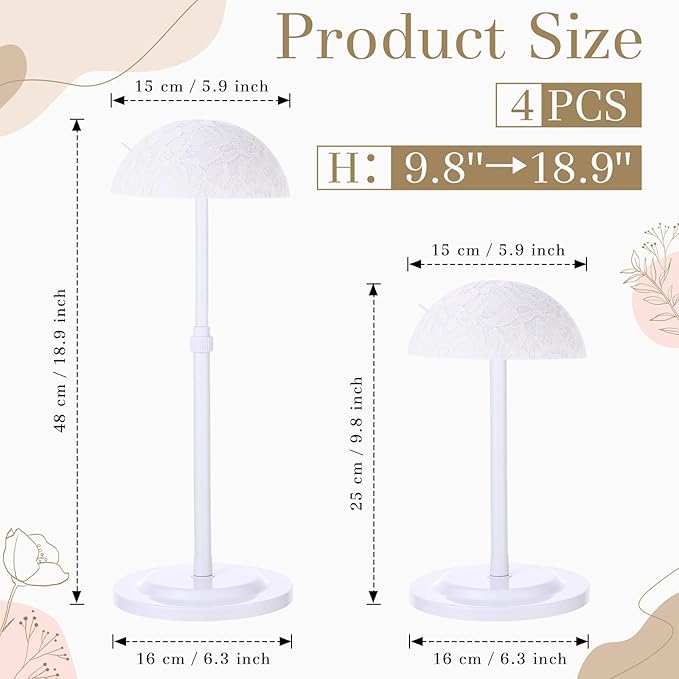 Geelin 4 Pack Wig Stand 9.8-18.9 Adjustable Height Wig Head Holder Non Slip Portable Hat/cap Display Stand for Multiple Wigs(White)