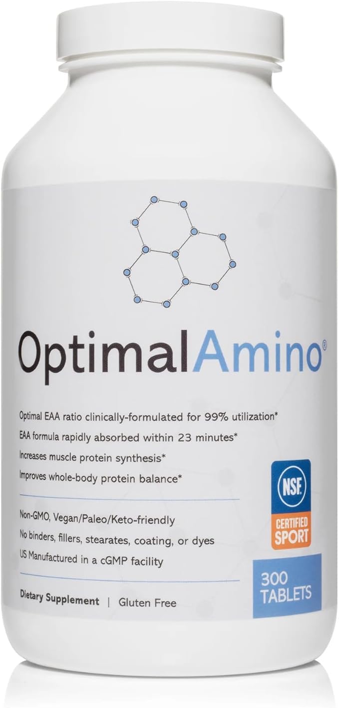 OptimalAmino Tablets (300 Count) | 99% Utilized Essential Amino Acid (EAA) Supplement Increase Muscle Recovery BCAA Protein Pre/Post Workout | NSF Certified for Sport® Certified