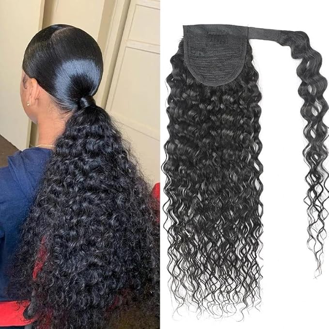 Curly Human Hair Strap Ponytail Extensions 100% Unprocessed Brazilian Hair Wrap Around Ponytails Magic Paste with Comb Clip in Kinky Curly Pony Tail (28 Curly Hair)