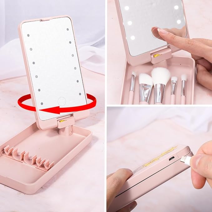 Custom Travel Makeup Brush Set Personalized Name Birth Flower Makeup Brush Case With Rotatable LED Light Mirror 5 Pcs Makeup Brushes Valentine Mother's Day Gifts For Women Black White Pink
