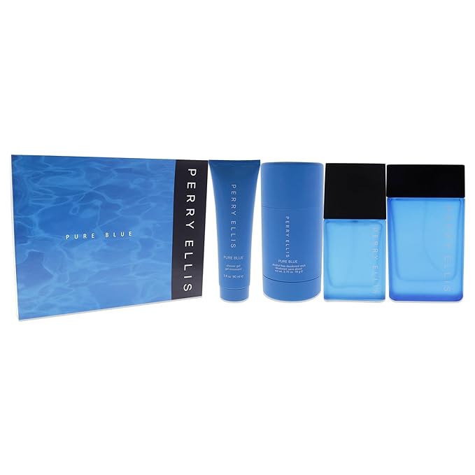 Perry Ellis Perry Ellis Pure Blue Men 3.4oz EDT Spray 3oz Shower Gel 2.75oz Deodorant Stick 7.5ml Travel EDT Spray 4 Pc Set