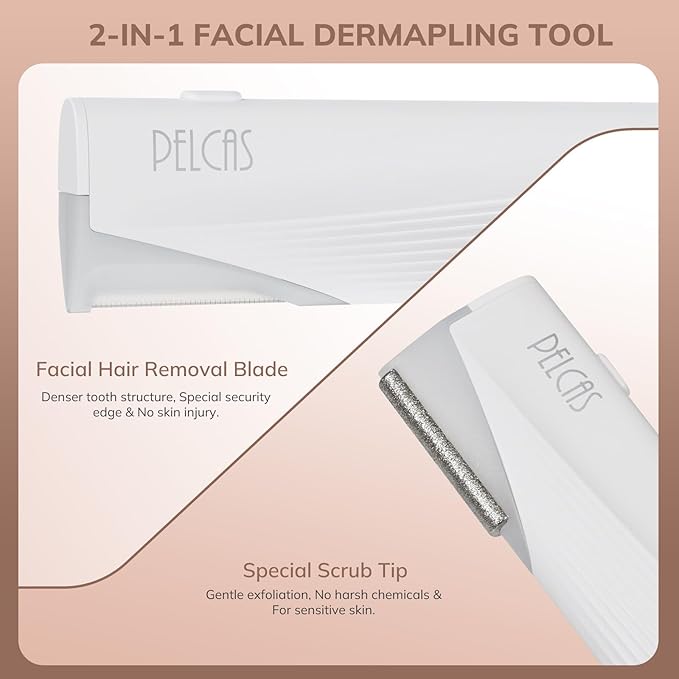 PELCAS Electric Dermaplaning Tool for Face with LED Light Mini Facial Dermaplaning Razor Kit Painless 3 Speeds Facial Peach Fuzz &amp Hair Removal at Home for Women with 6 Blades Off White