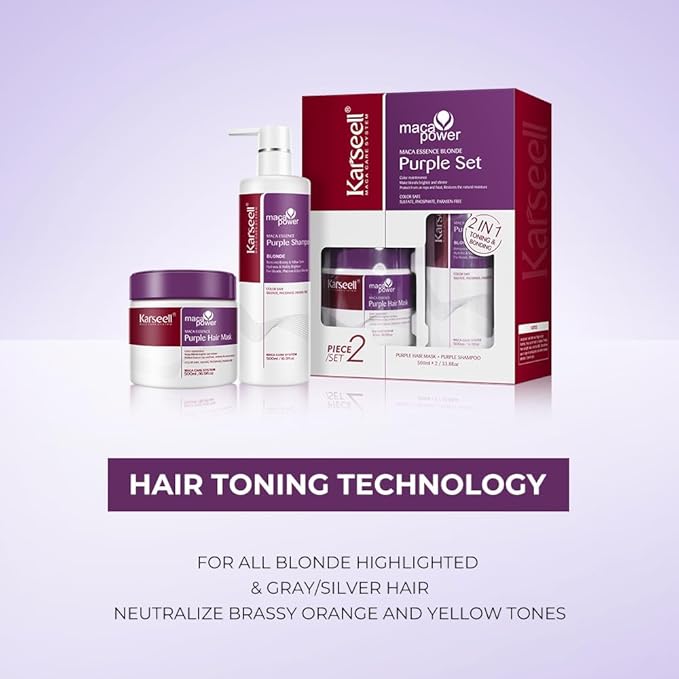 Karseell maca power Purple Hair Mask and Purple Shampoo Set Neutralizes Brass &amp Yellow Tones for Blonde Gray Silver Color Treated Hair 2 x 16.9floz